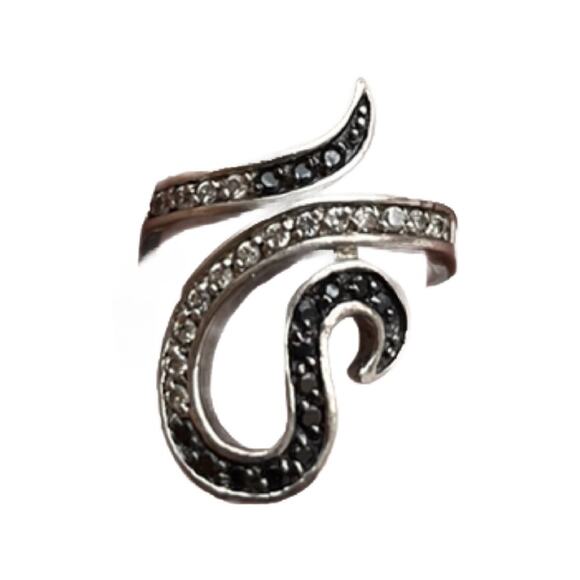 Vintage 90s Sparkling Sterling Silver Art Deco statement Black and white Ring - Picture 3 of 6